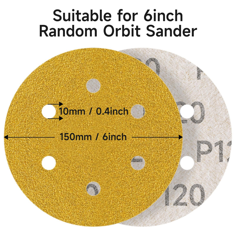 [Australia - AusPower] - STEBRUAM Velcro Sandpaper 150 mm, 40 Grit Sanding Sheets, 6 Holes, Sanding Discs for Random Orbital Sanders, Mixed Grain for Wood, Metal and Colour, Pack of 40, Yellow 40pcs 40 grit 