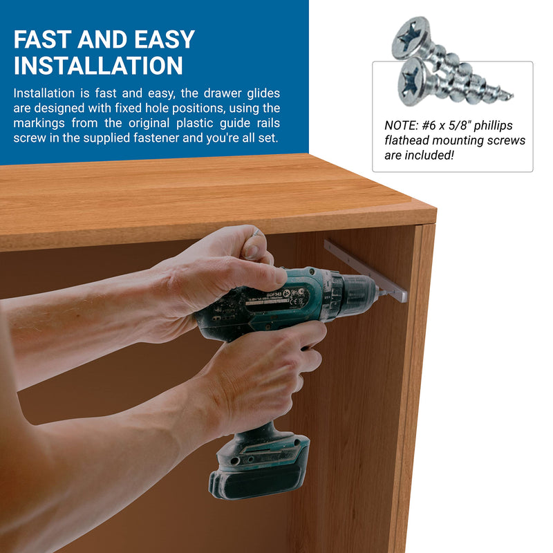 5 Pairs of Rok Hardware Side Mounted 11-1/4" (285.5mm) Screw-On, Plastic Drawer Rails/Guide Rails with 3/4" Extension, for Drawers with 21/32" (17mm) Groove, White Finish, D10751034 10