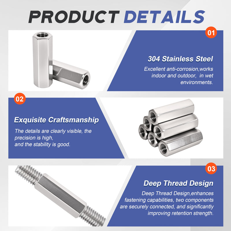 8 Pcs 304 Stainless Steel hex Coupling Nuts M16 x 2.0-Pitch 30mm ，Stainless Steel Rod Coupling Nuts(Metric) M16x2x30MM 8