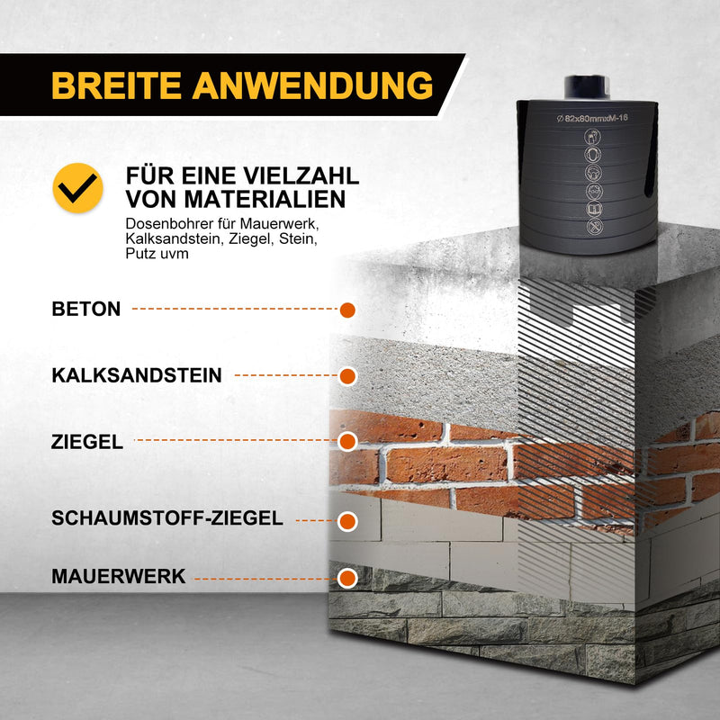 Diamond Core Drill Bit Set 82mm | Drill bit 82 mm segment height 10 mm, side slotted, M16 SDS Plus can drill with center drill of concrete, masonry and stone Black side slit Ø82x80mmxM16