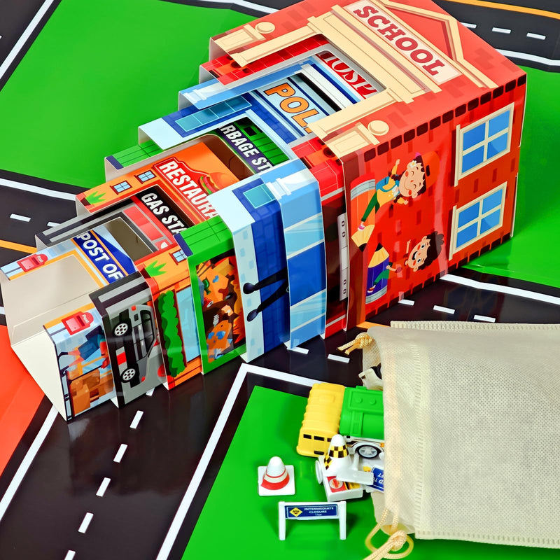 Cinrobiye Community Helpers Sorting and Stacking Set with Wooden Figures Traffic Signs Vehicles Modern City Mat Vehicle Preschool Learning Montessori Game Nesting Boxes for Boys Girls Birthday Gift