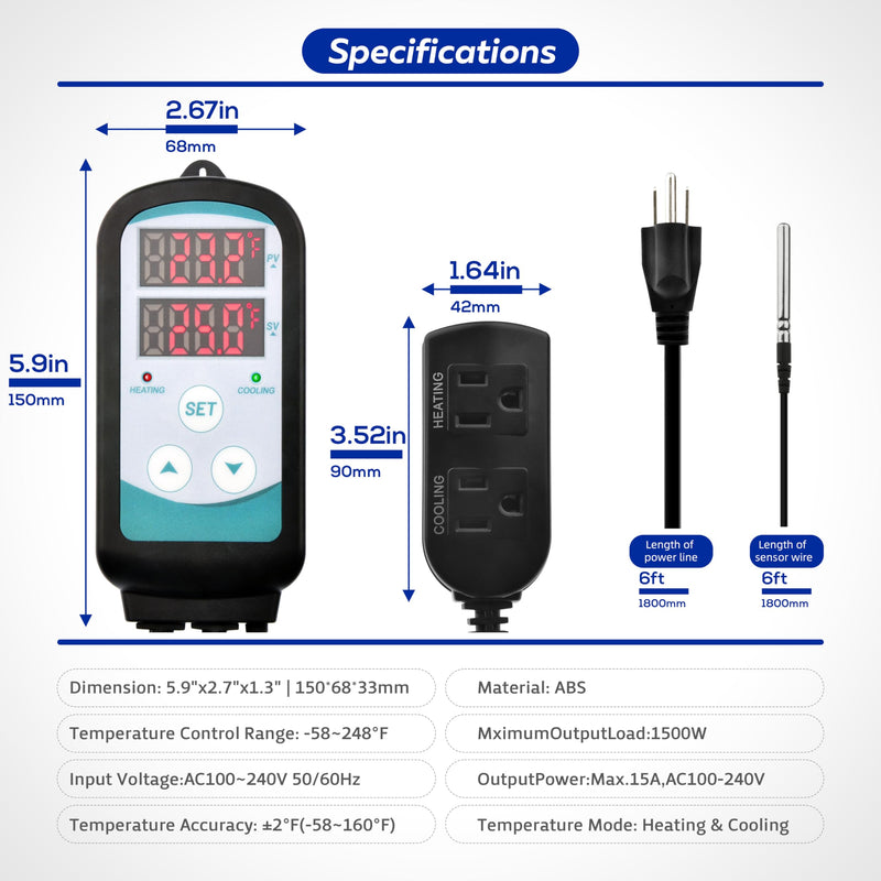 [Australia - AusPower] - Digital Temperature Controller,Dual Digital Temperature Controlled Outlet,Thermostat Plug,greenhouse heater with thermostat,110-240V 1500W ,Thermostat with Dual LED Display 