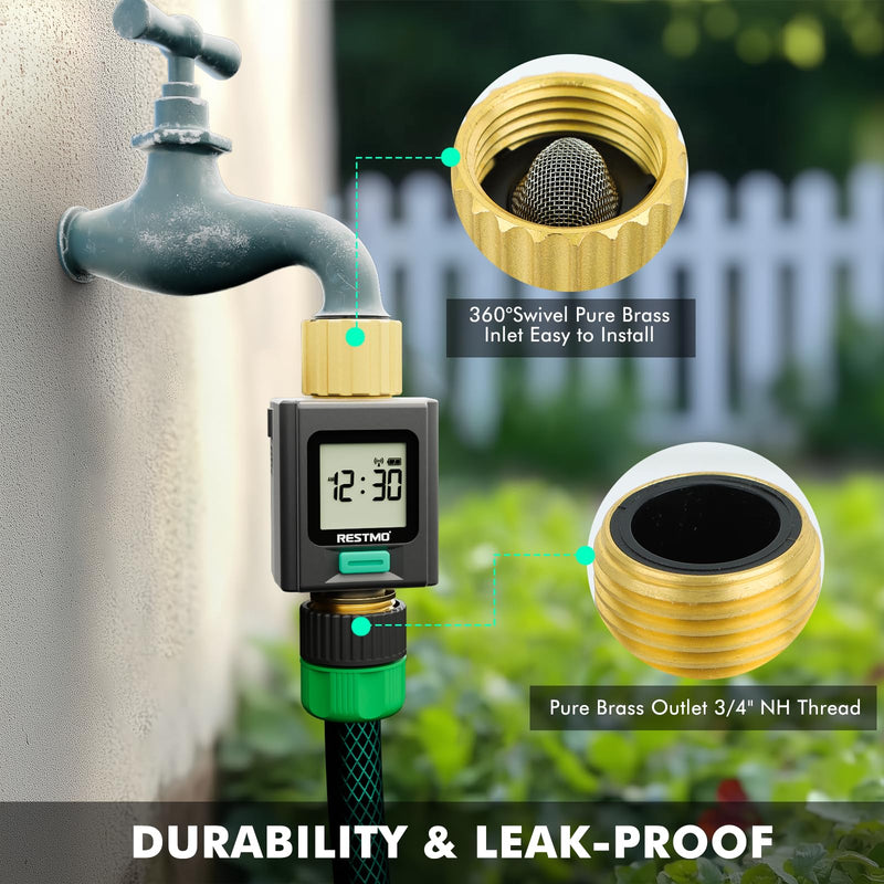 [Australia - AusPower] - RESTMO Smart Water Flow Meter with Screen Backlight, Brass Inlet & Outlet, Measuring Gallon/Liter Consumption & Flow Rate for Garden Watering, RV Filling, Sprinklers & Nozzle - APP Control Bluetooth Connection 