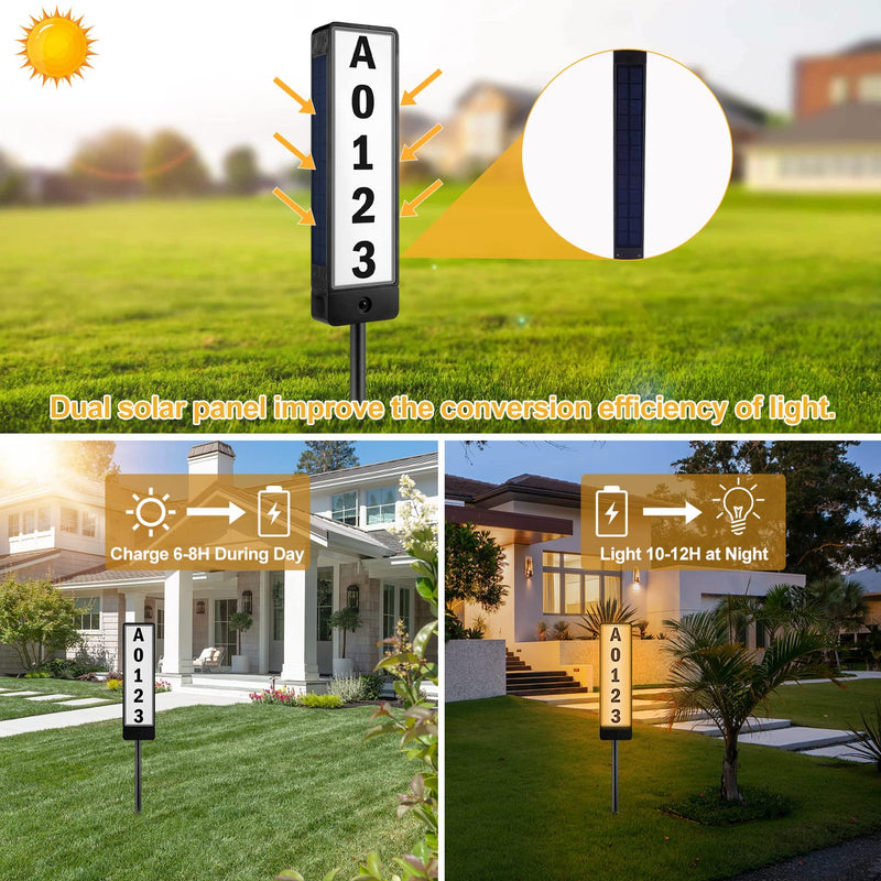T-SUN Solar Address Signs for Yard Vertical LED House Numbers for Outside - IP65 Waterproof Warm/Cold White Outdoor House Plaque for Yard - Illuminated Lighted Address Markers Driveway Home Street Ground Mount 3000K/6000K