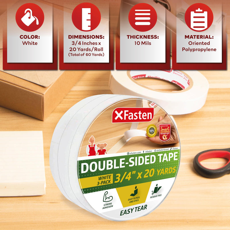 XFasten Tear-by-Hand Double Sided Tape, 3/4-Inch by 20-Yards (3-Pack), Easy Tear for DIY Crafts, Woodworking and Carpet Installation