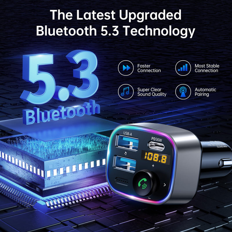 [Australia - AusPower] - Syncwire Bluetooth 5.3 FM Transmitter Car Adapter 48W (PD 36W & 12W) [Light Switch] [Hi-Fi Deep Bass] [Fast Charge] Wireless Radio Music Adapter LED Display Hands-Free Calling Support USB Drive Silver 