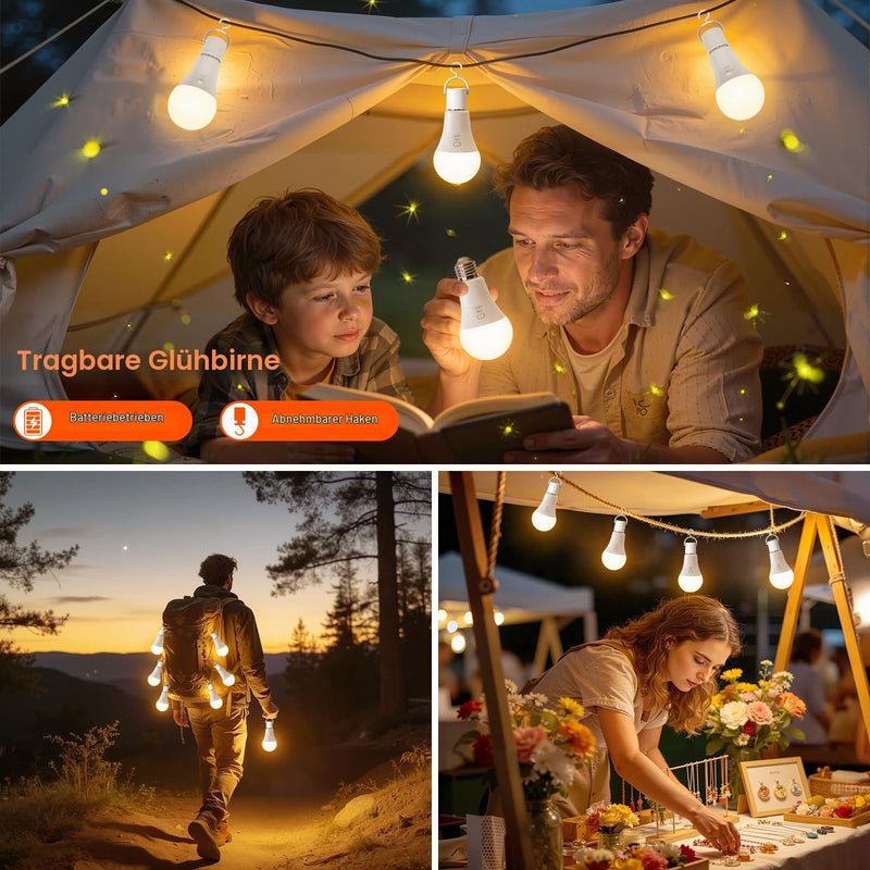 Ketom Pack of 4 Light Bulbs with Remote Control, E27, Rechargeable Bulb, Dimmable | Rechargeable light bulb with timer function, 3 colors, button control, 7W Wireless Decorative Lamp Bulb Emergency Light Camping 3 Colors, 4 Pieces