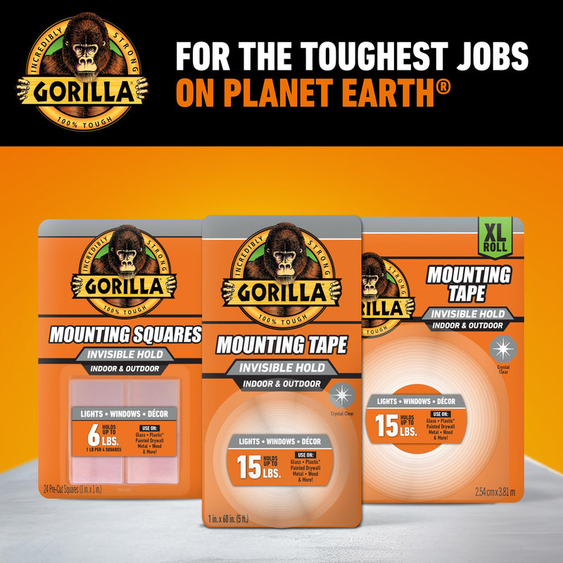Gorilla Invisible Hold Mounting Tape, 1" x 60" (Pack of 1), Clear Double Sided Tape for Strong, Permanent Indoor & Outdoor Hanging 60" inches