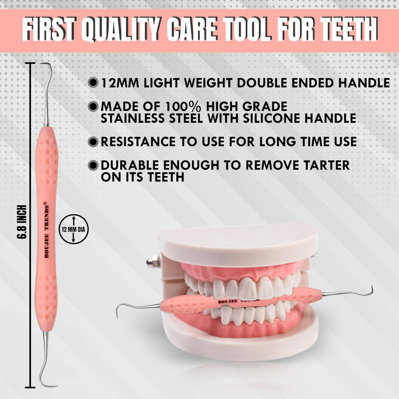 [Australia - AusPower] - Professional Dental Tools Tartar Scraper For Dentist, Personal and Pets Use Plaque Remover With Comfortable Grip, Double ended Stainless Steel (Pink, Silicone Handle) 