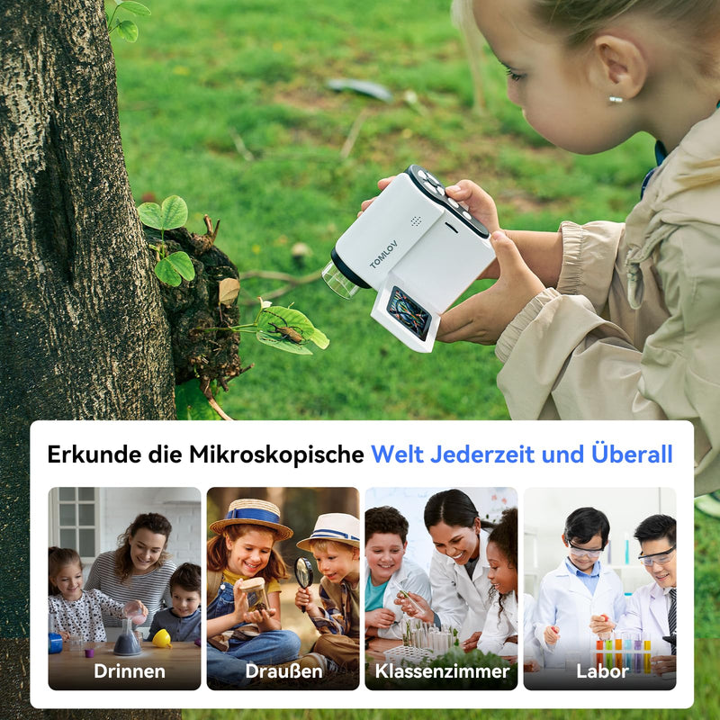 Tomlov P20 Digital Handheld Microscope 1000X for Children with 2 Inch Folding Display | Discover plants & insects, camera with LCD display, photos & videos, USB live image, LED, 6 preparations P20 White Flip