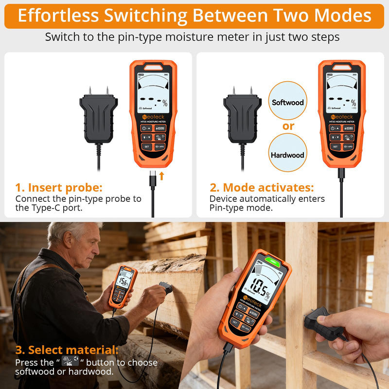 Neoteck 2 in 1 Moisture Meter 19mm Inductive Depth Wood Moisture Meter with ±2% Accuracy Rechargeable Pinless Moisture Meter for Soft/Hard Wood Drywall Plaster Screed Concrete