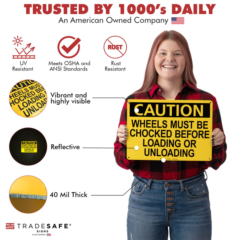 TRADESAFE Wheels Must Be Chocked Before Loading and Unloading Sign, Caution Sign, Quick Install Aluminum Safety Sign, Light Reflective, UV-Resistant, Waterproof, 14” X 10” Signs for Business