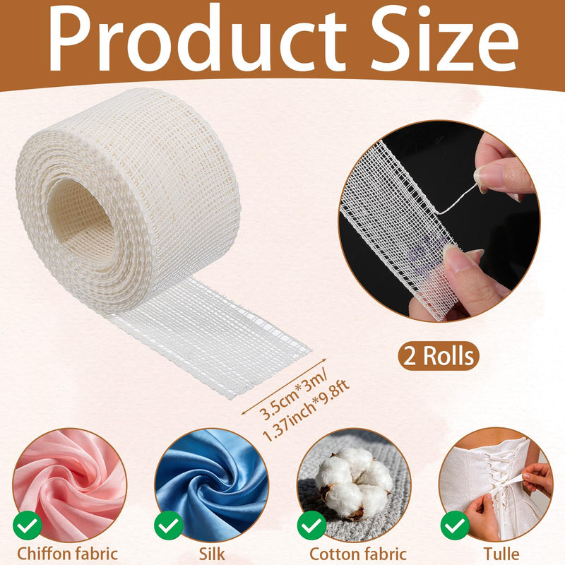 2 Rolls 6.5 Yards Hemming Tape for Sewing, 1.37 Inch Width White Hem Sewing Tape Fishbone Boning Lining Reusable Narrow Hem and Curved Hems Sew Tool for Skirts Dresses Wedding Veils Clothing