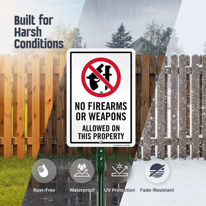 SmartSign 10 x 7 inch “No Firearms Or Weapons Allowed On This Property” LawnPuppy Yard Sign and 18 inch Stake Kit, 40 mil Laminated Rustproof Aluminum, Red, Black and White, Set of 1 7" x 10" Aluminum Sign with 18" Stake