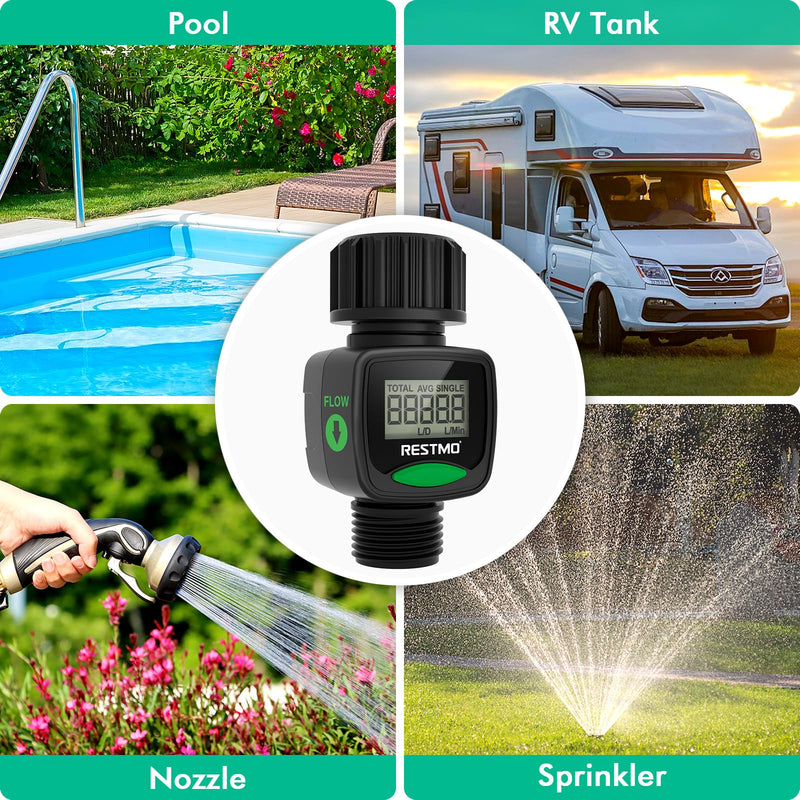 [2 Pack] RESTMO Water Flow Meter, High Measure Accuracy, Measure Gallon/Liter Consumption and Flow Rate for Outdoor Garden Hose Watering, RV Water Tank Filling, Lawn Sprinkler and Nozzle Sprayer 2 Pack