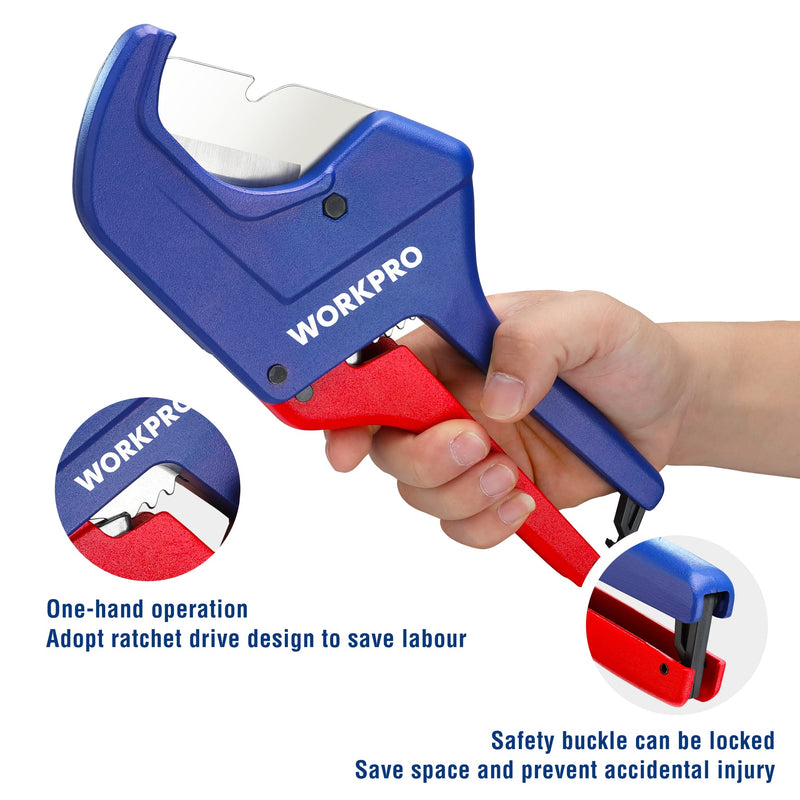 WORKPRO Ratchet PVC Pipe Cutter Tool, Up to 2-1/2", Pex Cutting Tool for Cutting PEX, PVC, PPR, and Plastic Hoses with Sharp 5Cr15MoV Stainless Steel Blades, Suitable for Home Repairs and Plumbers 2-1/2"(63mm)