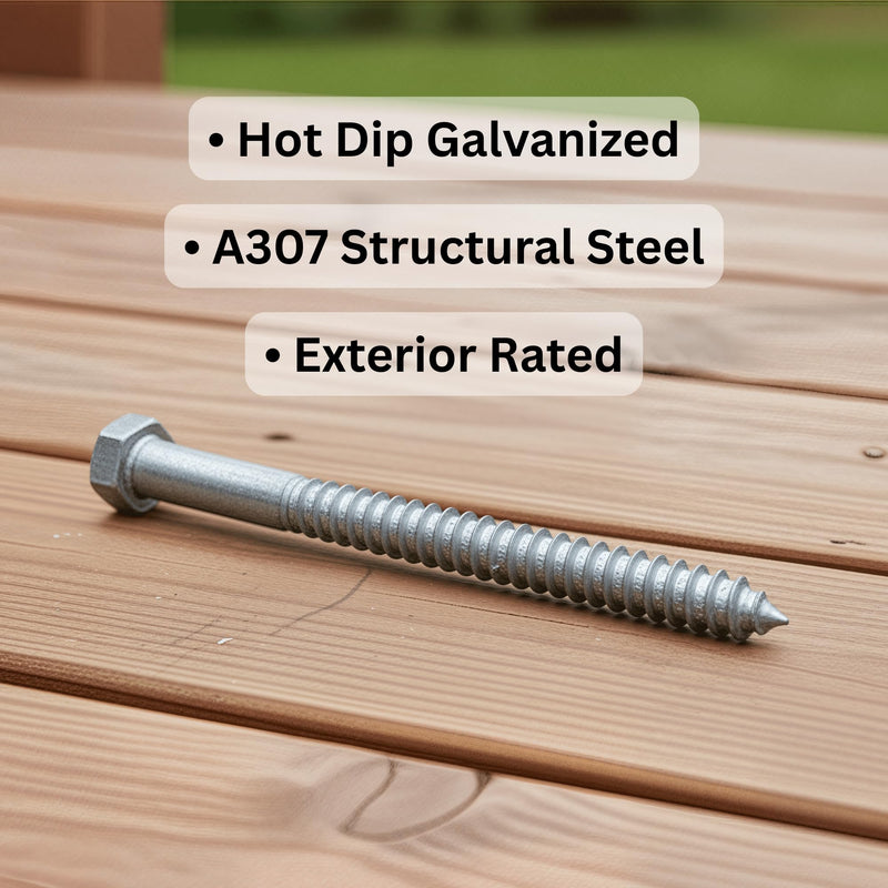 3/8 in x 6 in Hot Dip Galvanized Lag Bolts – Heavy-Duty Hex Head Structural Screws for Decks, Posts & Framing | A307 Steel | Exterior Wood Fasteners | 10-Pack 3/8" x 6"