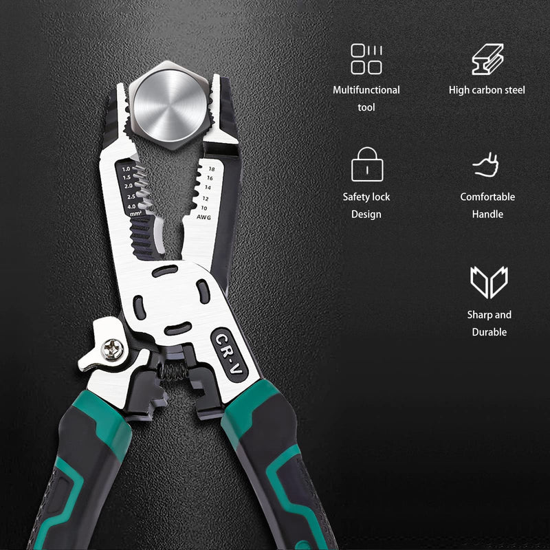 [Australia - AusPower] - 10-in-1 Wire Stripper Tool,Wire Strippers,Cable Cutters,CR-V Multifunctional Plier with Wire Stripper Crimper Side Cutter, Shearing,Screw Gripping Pliers for Electric Cable 10-in-1 stripper 