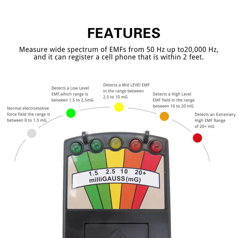 [Australia - AusPower] - Ghost Hunting Paranormal Equipment Handheld 5 LED EMF Meter Magnetic Field Detector for Indoor & Outdoor Inspections 