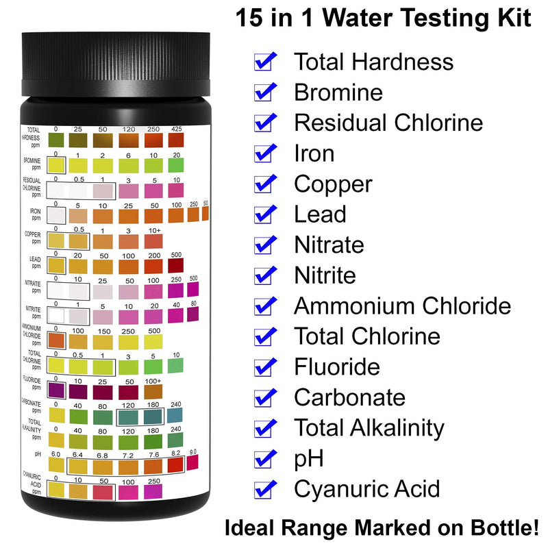 [Australia - AusPower] - JNW Direct 15-in-1 Drinking Water Test Kit - 100 Strips - Quick & Easy Water Testing Strip for Lead, Alkaline, Chlorine, Hardness, Iron, Fluoride, Copper & More 