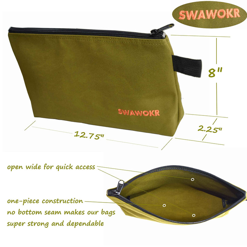 5 Pack 20 oz Canvas Tool Zipper Bags - Heavy Duty Utility Tool Pouch - Water Resistant Multi-Purpose Organizer Tote Bags 12.75 X 8 X 2.25 inch Spacious Storage Pouches with Dependable YKK Zippers Olive 12.75X8X2.25INCH