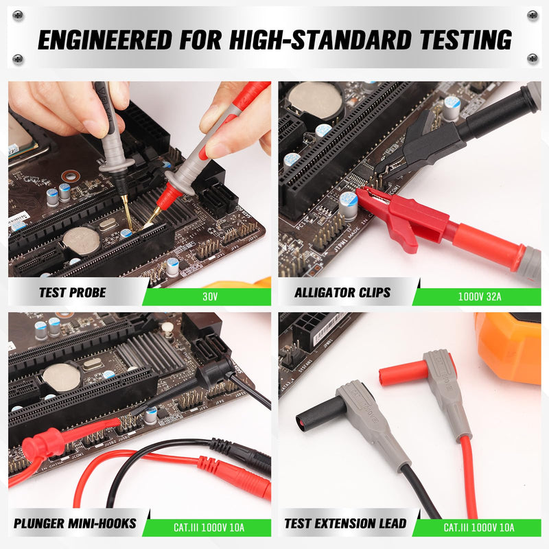 [Australia - AusPower] - SWANLAKE 27-Piece Multimeter Test Leads Set, CAT.III 1000V / CAT.IV 600V Multimeter Probes with Alligator Clips, Needle Probe, Replaceable Probe Accessories, Soft Silicone Volt Meter Lead 