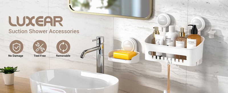 LUXEAR Shower Caddy Suction Cup 2 Pack Suction Shower Basket + Soap Dish Holder NO-Drilling Removable One Second Installation Shower Organizer Powerful Waterproof Bathroom Caddy Storage Large*1 Small*1