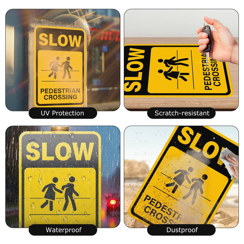 2 Pack Slow Pedestrian Crossing Sign 18 × 12 Inches High Reflective Waterproof Aluminum Metal Safety Warning Signage with Pre-Drilled Holes for Indoor Outdoor Use