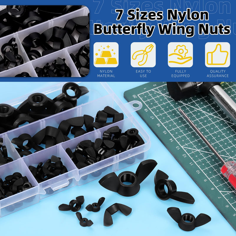 [Australia - AusPower] - Glarks 110Pcs 7 Sizes Black Wing Nuts Assortment Kit, M3, M4, M5, M6, M8, M10, M12, High Strength Nylon Butterfly Nuts, Wing Bolt Fasteners, Hand Twist Tighten Ear Wing Nuts 