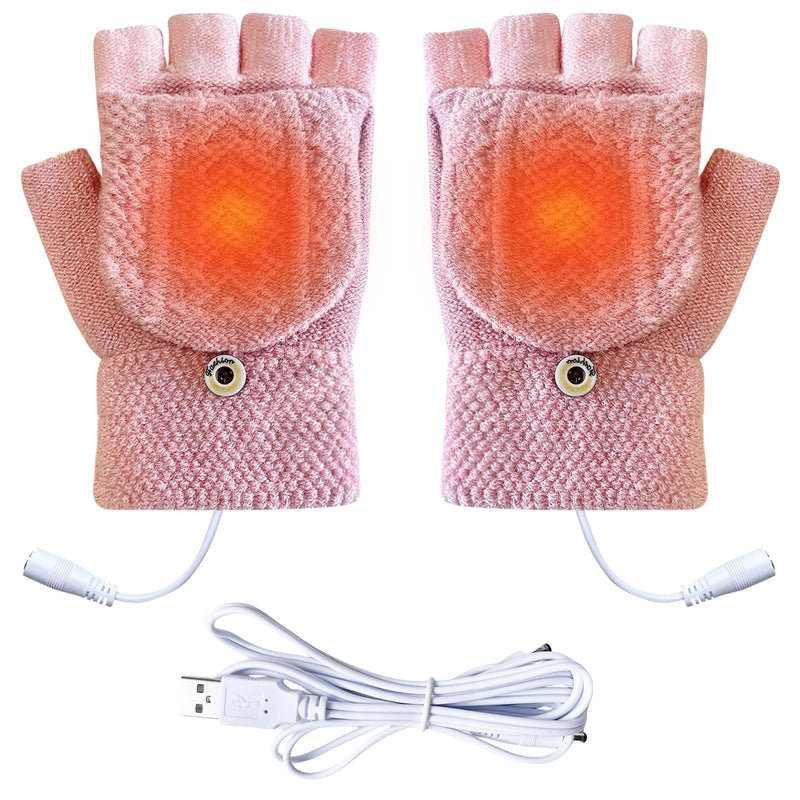 [Australia - AusPower] - Women's & Men's USB Heated Gloves Mitten Full & Half Fingerless Winter Hands Warmer Laptop Gloves Pure Pink 