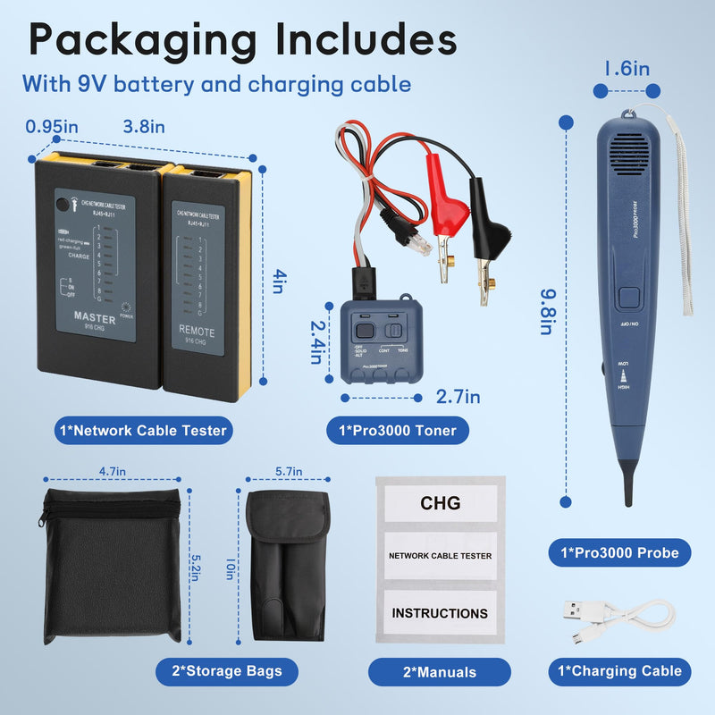 [Australia - AusPower] - Pro3000 Tone Generator and Probe Kit Bundle with Network Cable Tester, Toner Electrical Tool, Ethernet Tester Tool for RJ45 Cat5/Cat5e/Cat6/Cat6a/Cat7 UTP/Shielded Cable, RJ11 & RJ12 