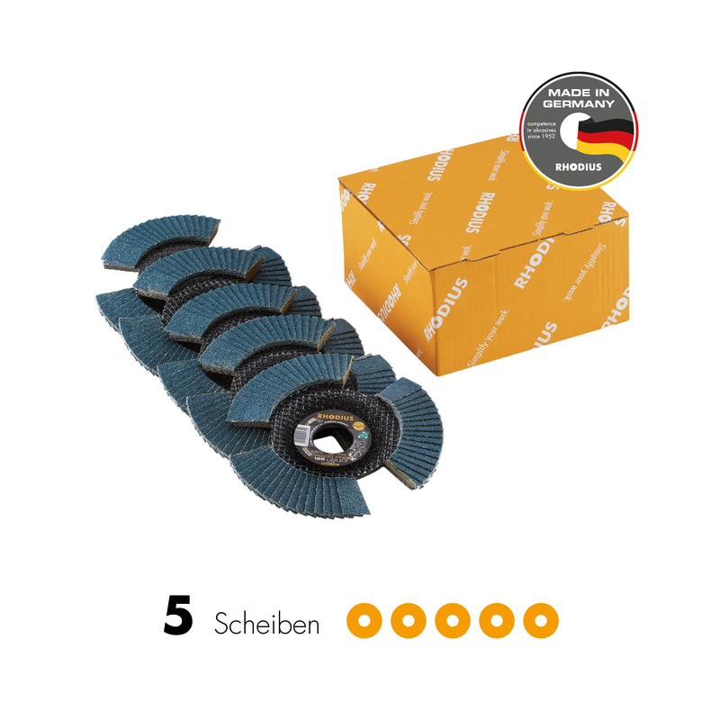 RHODIUS Vision Pro, 5 pieces, diameter 125 mm, K60 flap discs, transparent, metal, stainless steel, INOX, for angle grinders, grinding wheels, flap grinding discs | Made in Germany, transparent during turning, clear view of the workpiece, for...