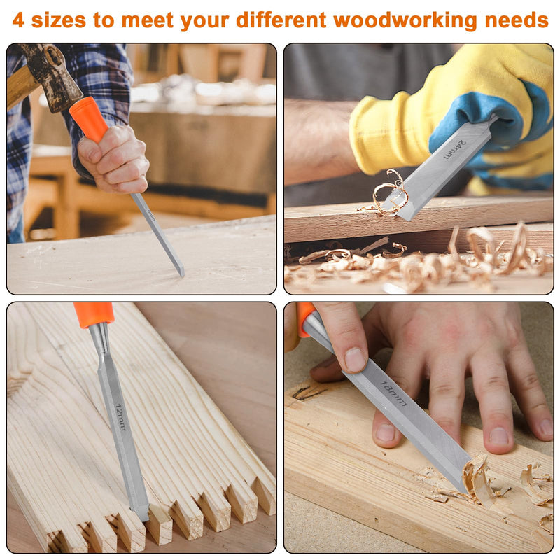 [Australia - AusPower] - 4 Piece Wood Chisel Sets Woodworking Tools Set, Wood Chisels for Woodworking with Steel Hammer End, Wood Tools Chisel Set Woodworking with Ergonomic Plastic Handle, 6mm, 12mm, 18mm, 24mm 