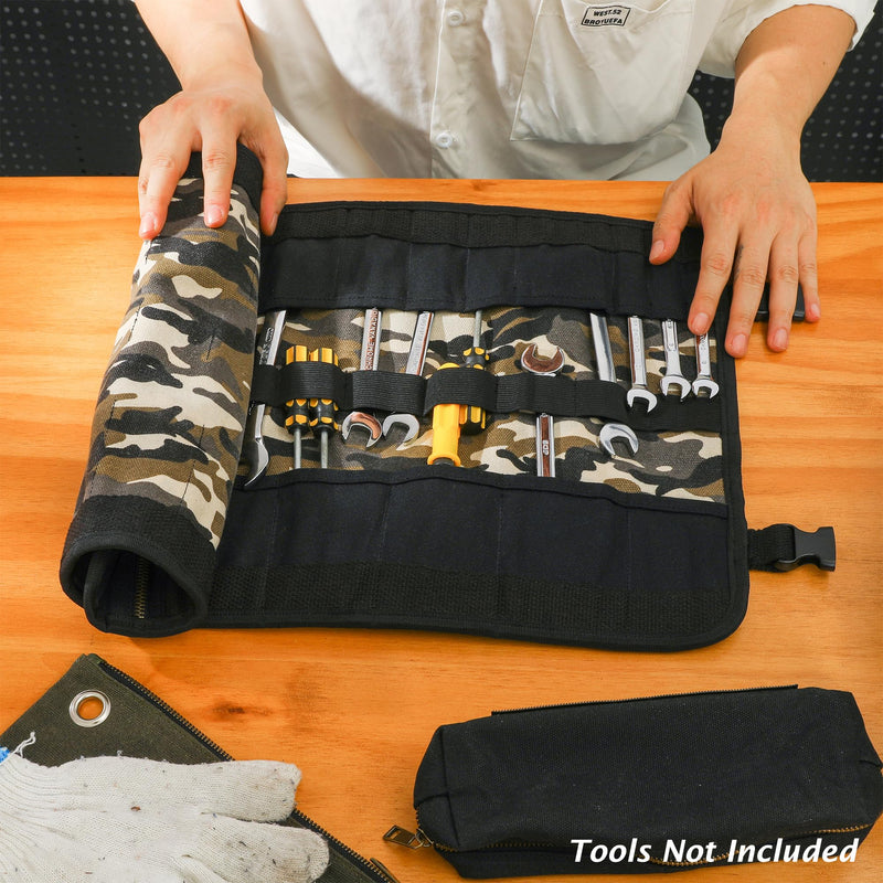 Tool Storage Roll, Heavy Duty 16oz Waxed Canvas Roll Up Tool Pouch Bag (23 Pockets & Portable Handle), Tool Carrier for Mechanic Carpenter | 26" x 13" | Camouflage Camouflage & Black