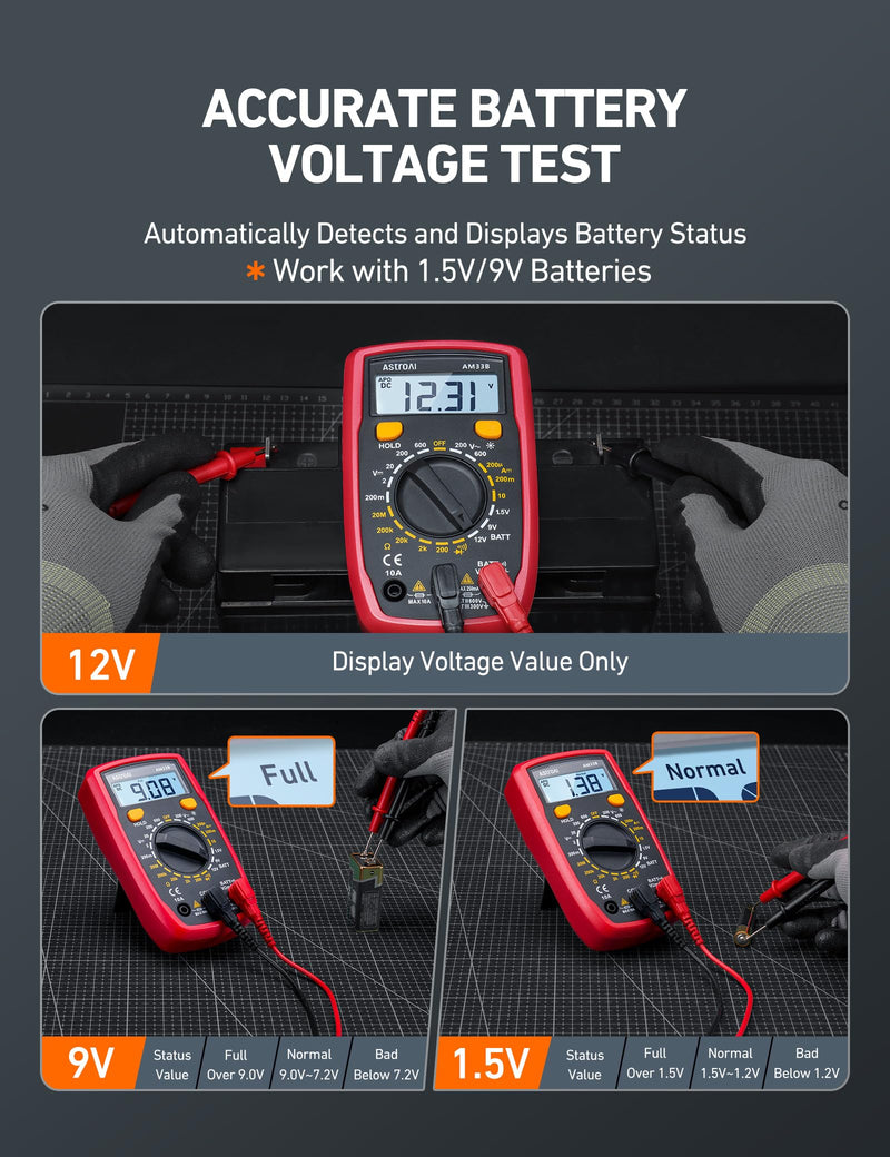 [Australia - AusPower] - AstroAI Digital Multimeter Tester 2000 Counts with DC AC Voltmeter and Ohm Volt Amp Meter; Measures Voltage, Current, Resistance, Continuity and Diode (AM33B) 