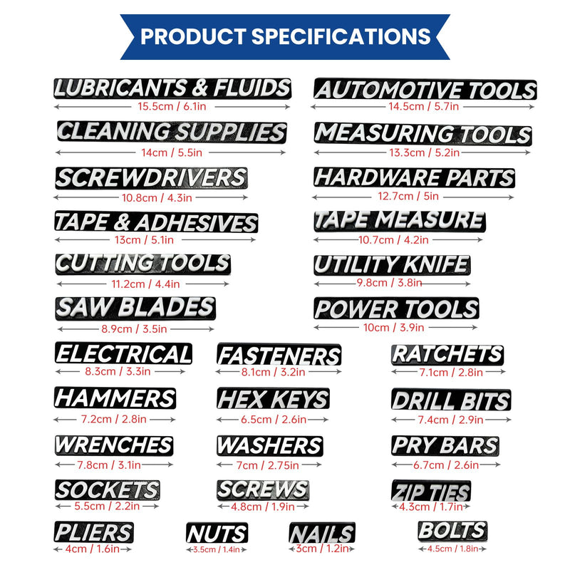 Magnetic Toolbox Labels: 28 Strong Magnets + 80 Premium Adhesive Pads. 3D for Steel/Wooden Toolboxes, Garage Organization (Black)