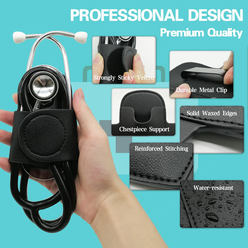 [Australia - AusPower] - Stethoscope Holder with Clip, PU Leather Clip-on Stethoscope Hip Holder, Black 