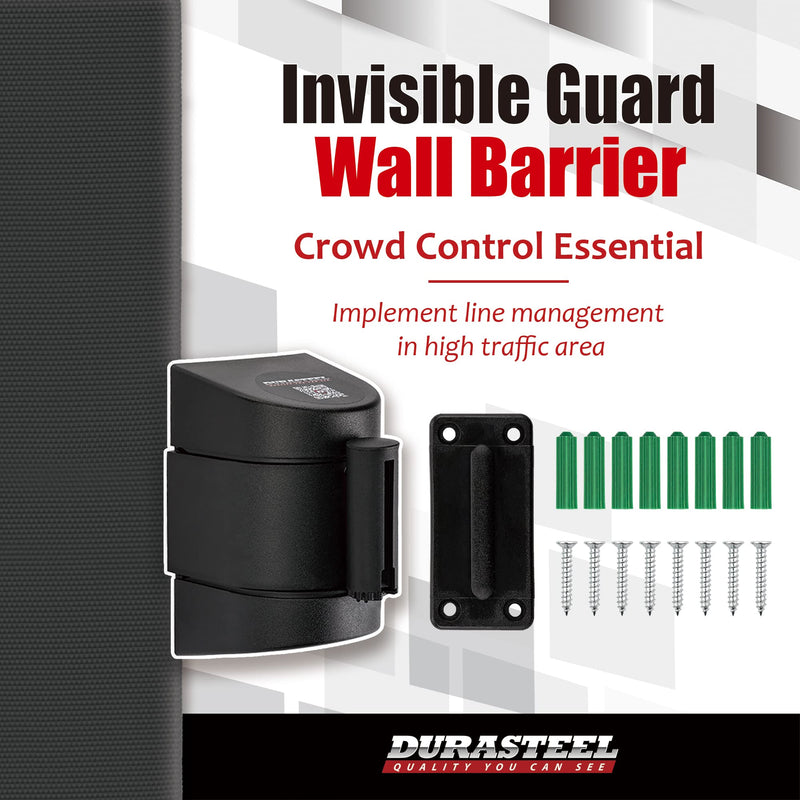 DuraSteel Wall Mount Retractable Belt Barrier - 6.5 Ft Black Safety Belt in Sturdy Black Casing - Guardian 2.0 Indoor & Outdoor Do Not Cross Caution Tape for Crowd Control Queue Barrier, Line Divider Guardian 2.0 Black Body Black Belt 1