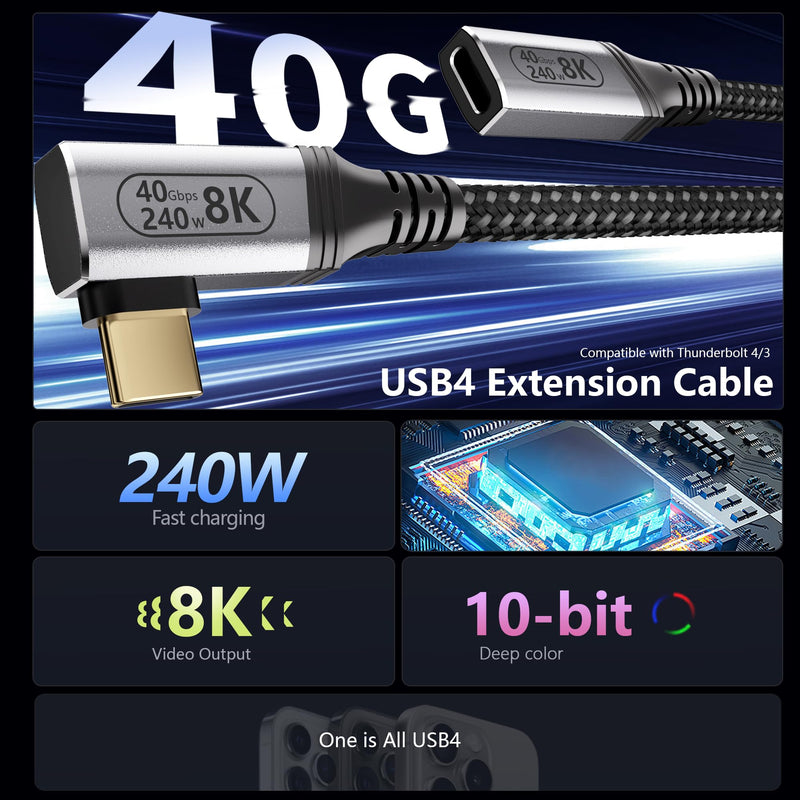 6.6FT USBC Extension Cable Right Angle Compatible with Thunderbolt 4/3,USB4 40Gbps Data Transfer,90 Degree USB C Male to Female Cable,Type C Extension 240W Fast Charging,8K/4K Video Display. 6.6FT