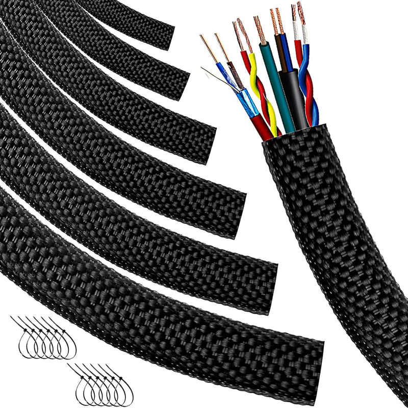 Automotive Wire Loom High Temperature Braided Wire Loom, Split-Sleeve Heat Resistant Wiring Loom Cord Cover for Harness Wires, Self-Wrapping Heavy Duty Sheathing Cable Management (1/2"-30Feet) Black 1/2"-30Feet