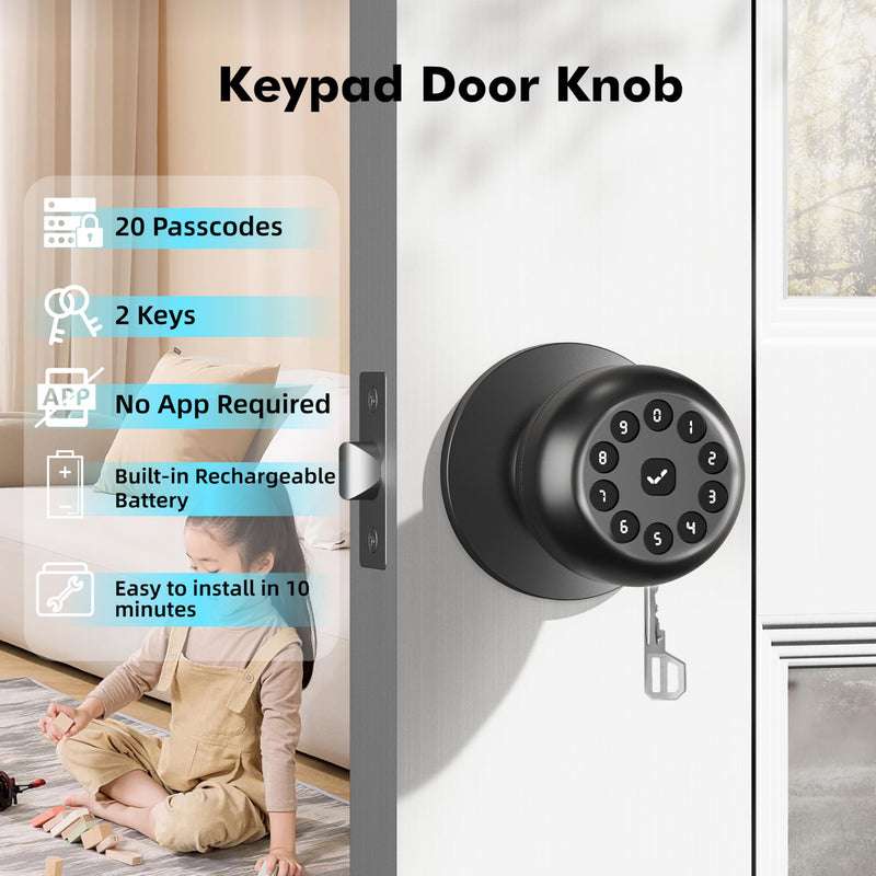 Smart Door Knob with Lock,Keyless Entry Door Lock for Front Door, Keypad Smart Door Locks,Auto Lock,Easy to Install,Great for Bedroom,Home,Office,Hotel,Garage (Black, No App) Black