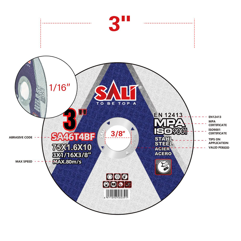 [Australia - AusPower] - SALI 25 Pack Cut Off Wheels 3 Inch General Purpose Metal Cutting Wheel for 3 in Angle Grinders and Die Grinders- Cutting Disc Aggressive Cutting 3" x 1/16" x 3/8" Operating Up to 25000 RPM and 80 M/S 