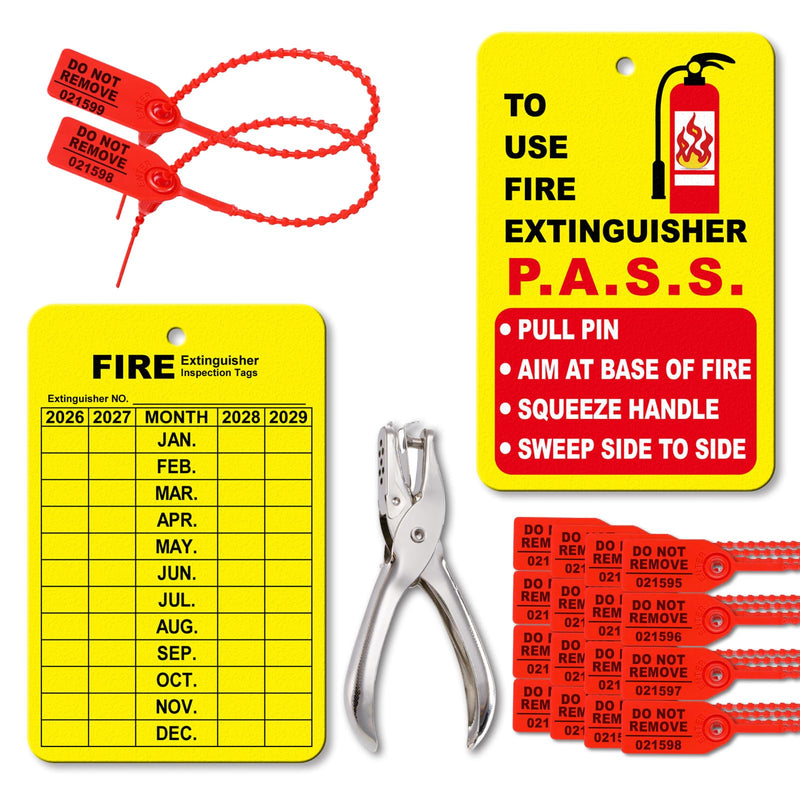 30 Sets Fire Extinguisher Tags Monthly Inspection Tear-Resistant Numbered Plastic Tamper-Evident Cable Ties Easy to Punch Includes Handheld Hole Puncher- Red 30