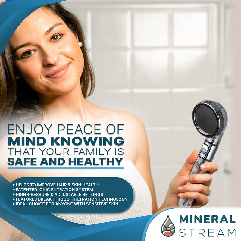 MineralStream Ionic Shower Head 2.0 | High Pressure Water Saving Showerhead with Filter Beads | Eco Water Spa Shower Heads for Hair & Skin Health