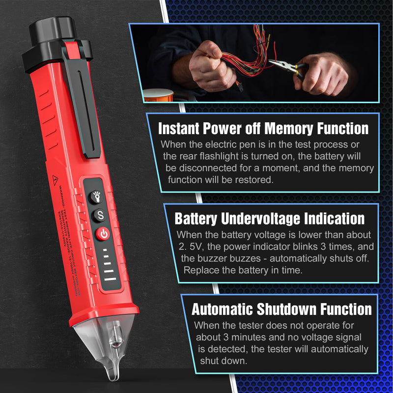 [Australia - AusPower] - Voltage Tester HS-3201 Red,Non Contact Voltage Tester AC, Multi-Function Electricity Detector Pen 90V-1000V with LED Flashlight Buzzer Alarm Wire Breakpoint Finde 