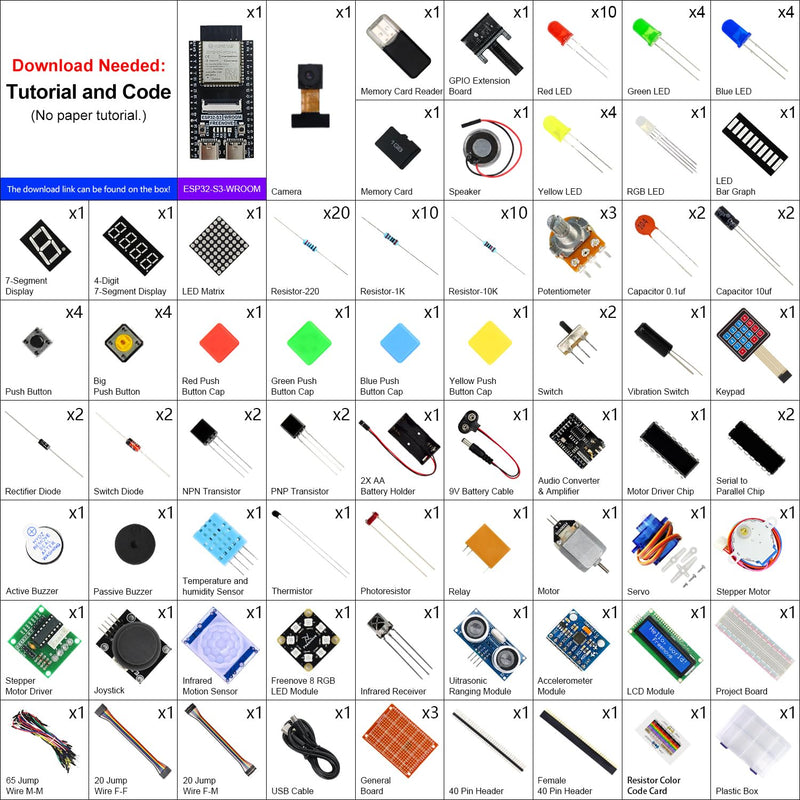 Freenove ESP32 Kit ESP32-S3 Camera Board Ultimate Starter Kit | 240MHz 32-Bit Dual Core, USB OTG Camera WiFi+BT, Python C Java Code, 828 Page Tutorial, 121 Projects, 243 Items