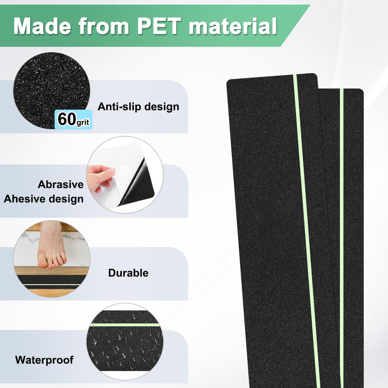 M METERXITY 5-Pack Anti Slip Traction Tape 24" x 6" Best Grip Tape Grit with 6mm/0.24" Glow in Dark Stripe High Traction Friction Abrasive Adhesive for Indoor/Outdoor Stairs[Black+Green]