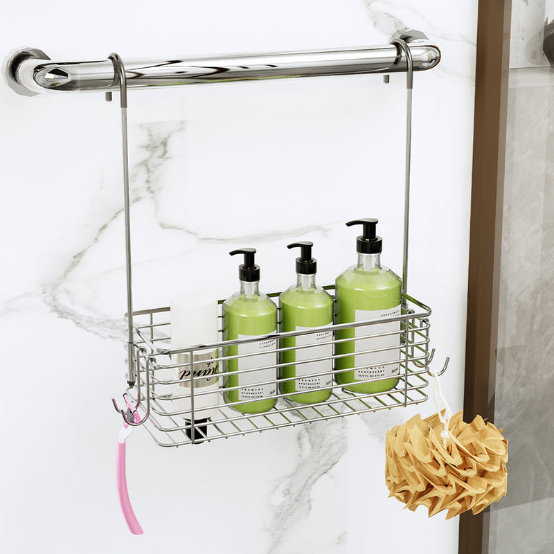 QIHS over door stainless steel shower caddy with hanging hooks and single-layer storage basket for shampoo and bathroom organization
