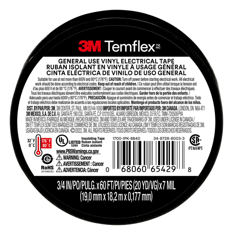 3M Temflex General-Purpose Vinyl Electrical Tape (1700), 3/4 in. x 60 ft., 7 Mil, Black, 3 Rolls 3/4 in x 60 ft (3 Rolls)