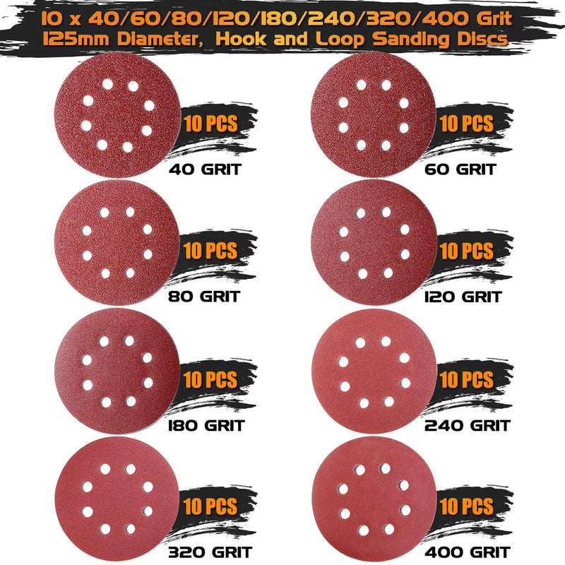[Australia - AusPower] - Pack of 80 Random Orbital Sandpaper Sandpaper 125 mm Velcro, 8 Hole Sanding Discs 125 mm Round Velcro for Random Orbital Sanders 10 x 40/60/80/120/180/240/320/400 Grit by Taspire 10 x 40-400 grit 